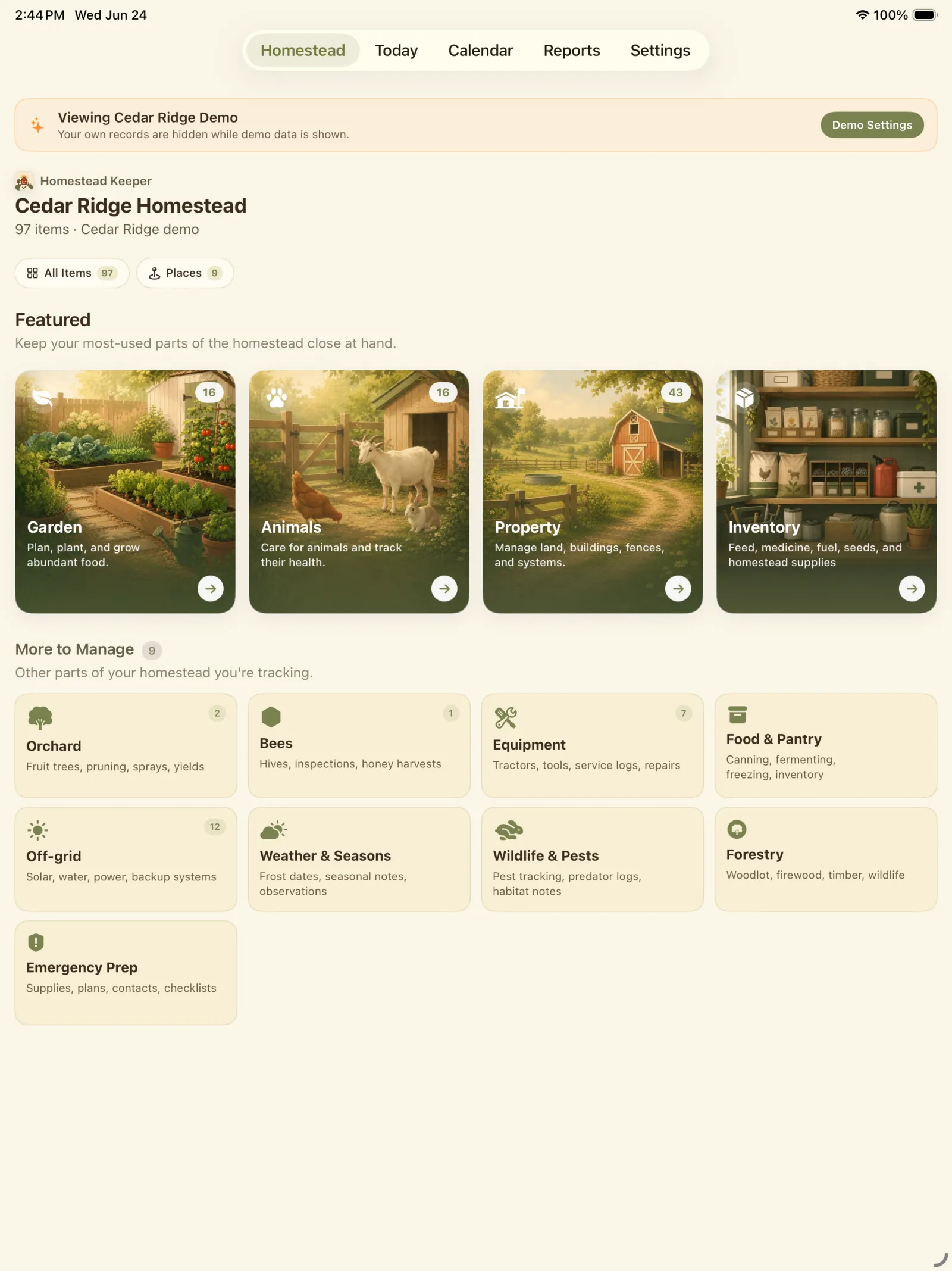 Homestead Keeper Homestead Hub showing Garden, Animals, Property, Inventory, Orchard, Bees, Equipment, Food and Pantry, Off-grid, Weather and Seasons, Wildlife and Pests, Forestry, and Emergency Prep areas.